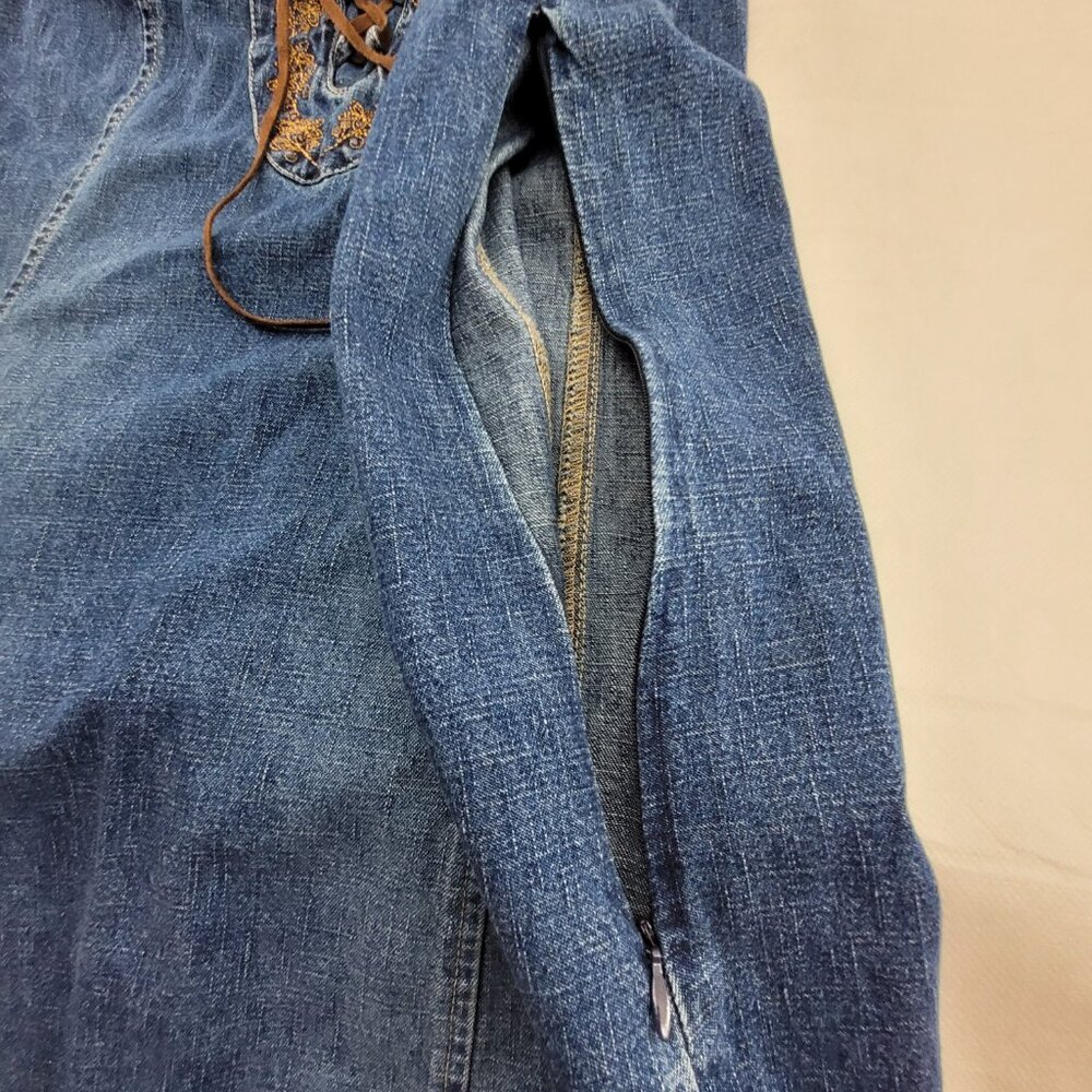 Vintage Faded Glory Dress Women's 14 Blue Denim Leather Lace-up Embroidered Jean - Picture 9 of 11